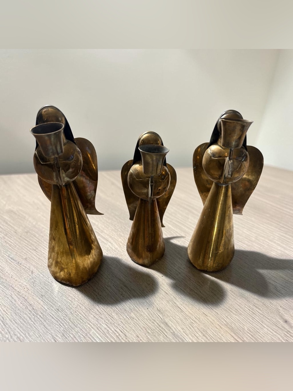 Vintage Mid-Century Brass Angel Candle Holders Set of 3 Sculptural Winged Angels